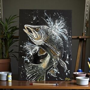 Dynamic Original Fish Art Canvas in Black, Silver and Gold